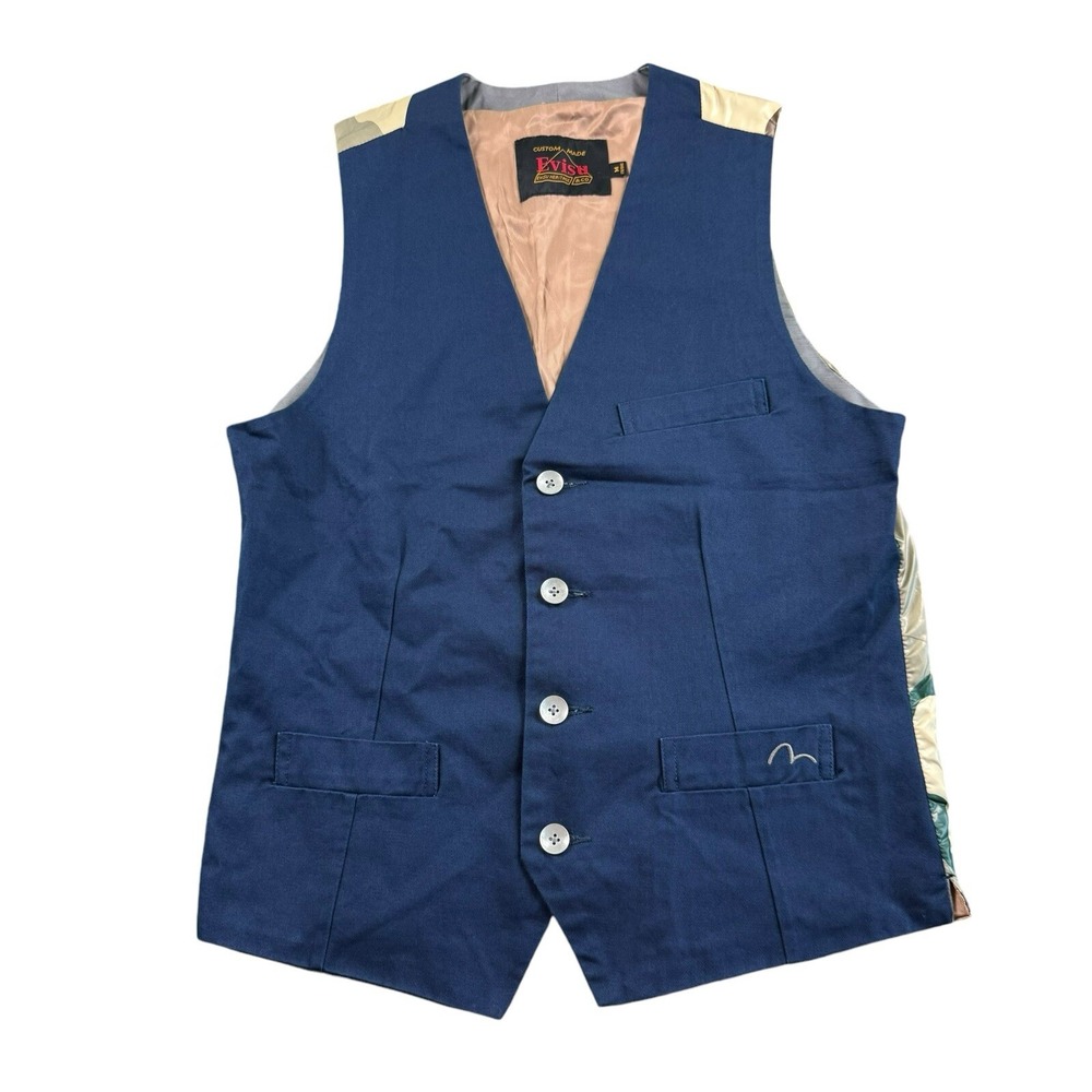 Evisu Heritage Indigo Cotton Camo Back Metal Button Vest Waistcoat Mens Medium